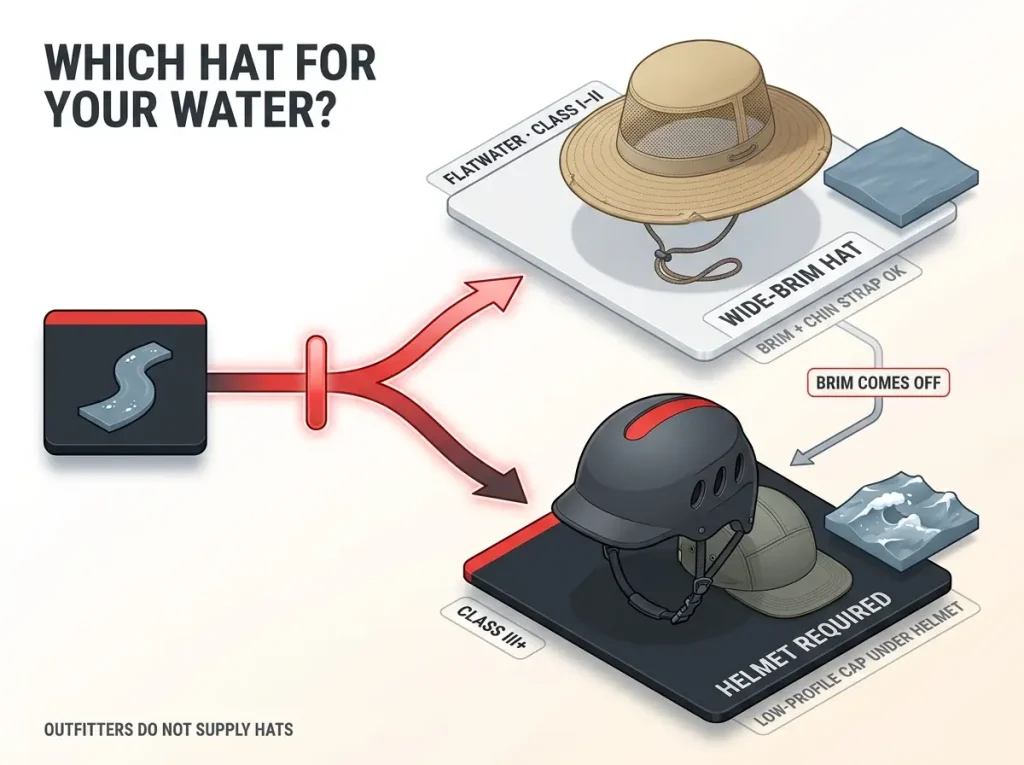 Decision diagram splitting river class into flatwater Class I-II with a wide-brim hat and Class III+ with a helmet and low-profile cap
