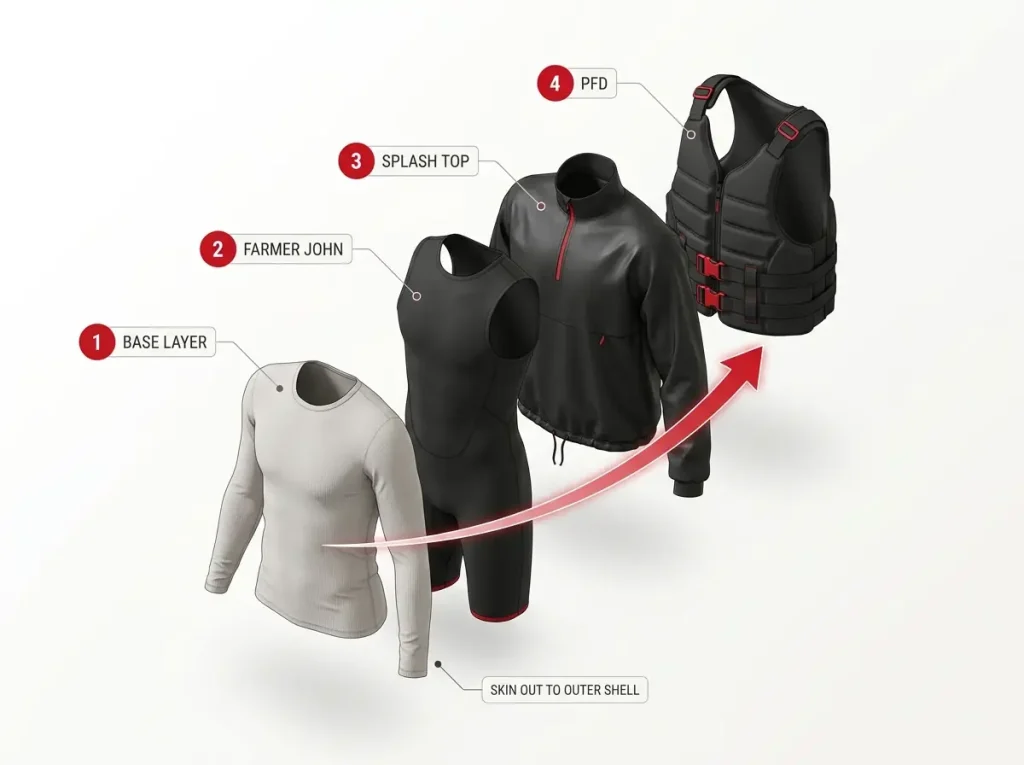 Infographic showing skin-out rafting layering system from base layer to Farmer John to splash top to PFD in labeled order