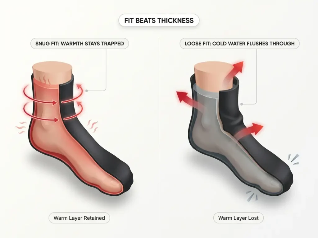 Diagram comparing snug vs loose neoprene socks showing how loose fit lets cold water flush in and out