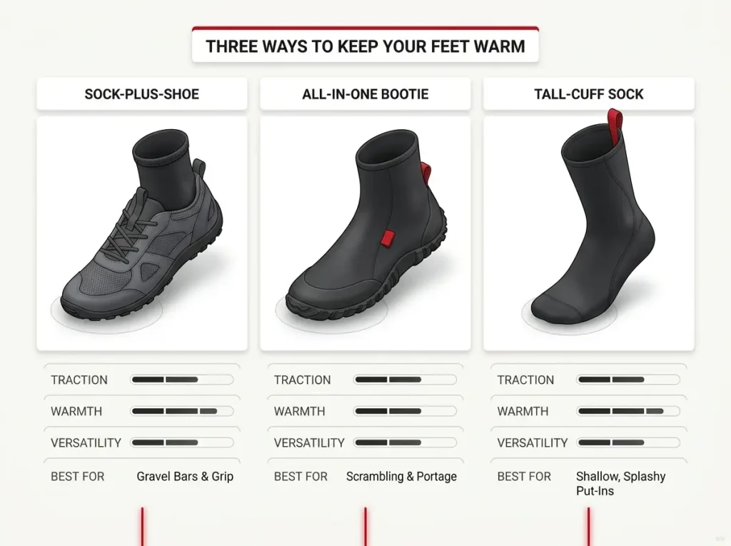 Comparison chart of sock-plus-shoe, all-in-one bootie, and tall-cuff sock rated on traction, warmth, and versatility