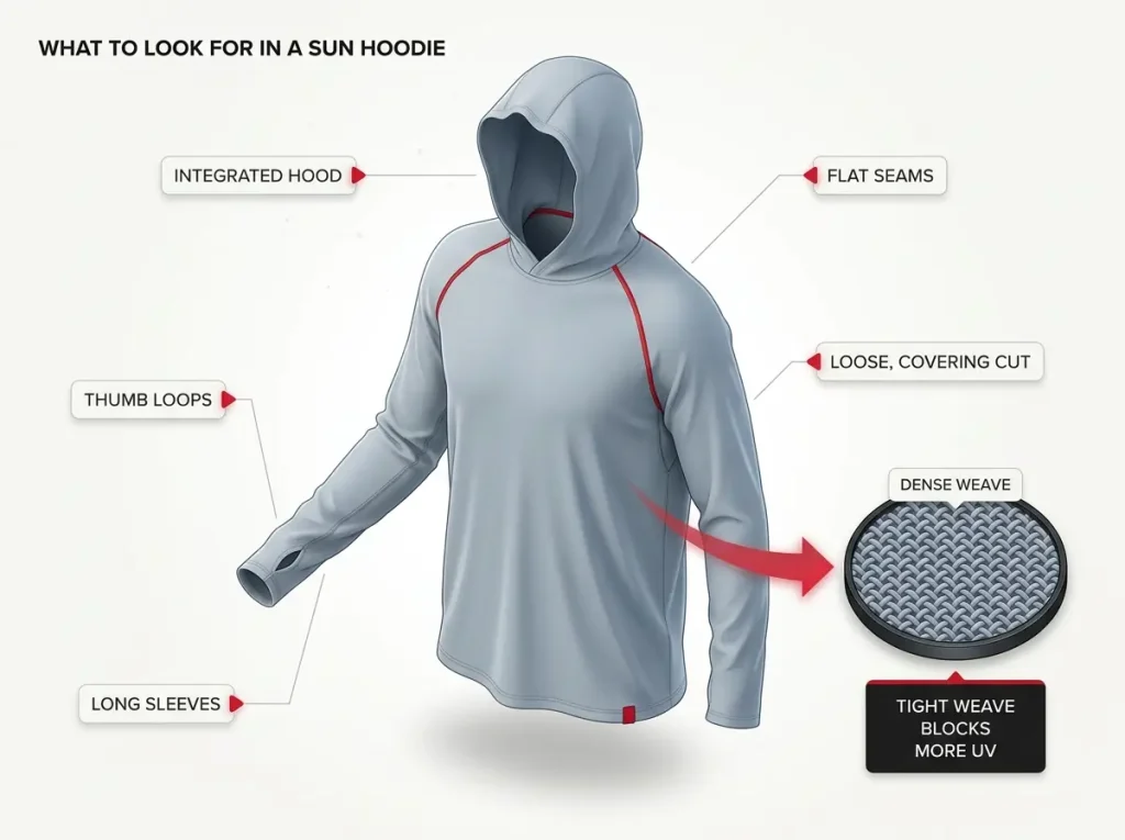 Annotated diagram of a UPF sun hoodie labeling the integrated hood, thumb loops, flat seams, loose cut and a dense weave fabric zoom