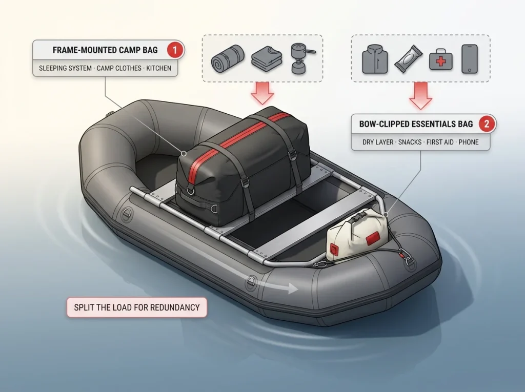 Annotated diagram showing raft two-bag packing system with frame camp bag contents versus bow-clipped essentials bag contents