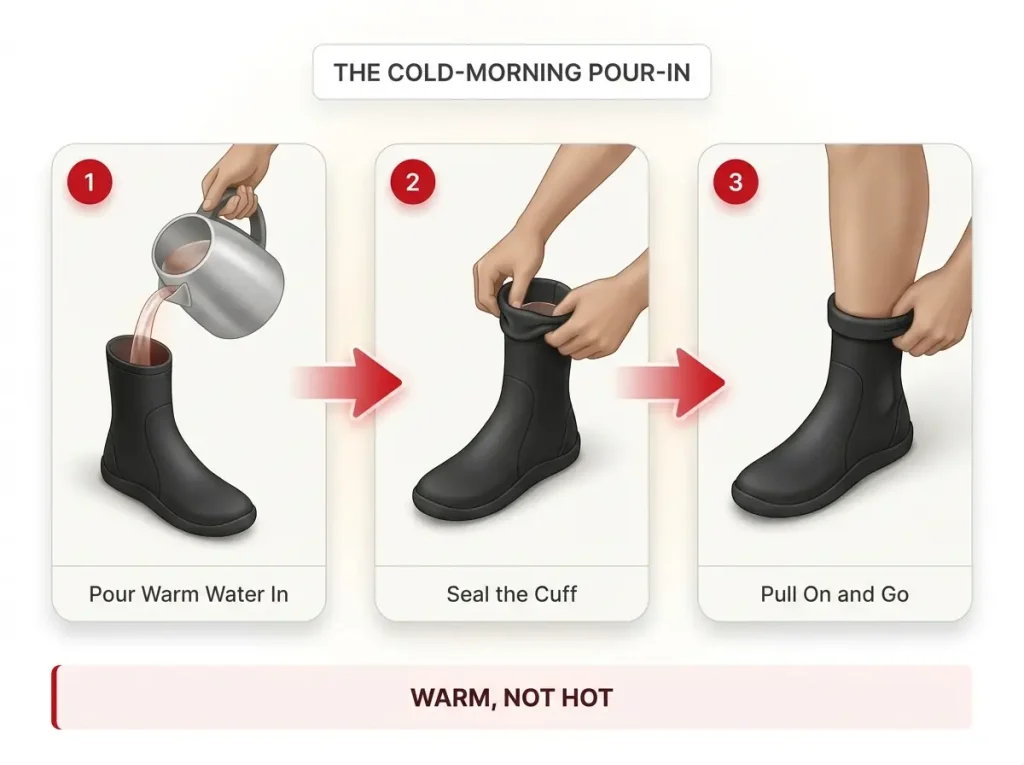 Step-by-step infographic showing the warm water pour-in technique for neoprene booties with a warm not hot callout