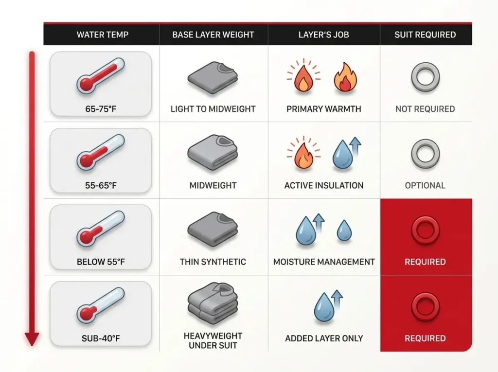 Infographic showing water temperature bands mapped to base layer weight, layer job, and wetsuit requirement for cold-water rafting