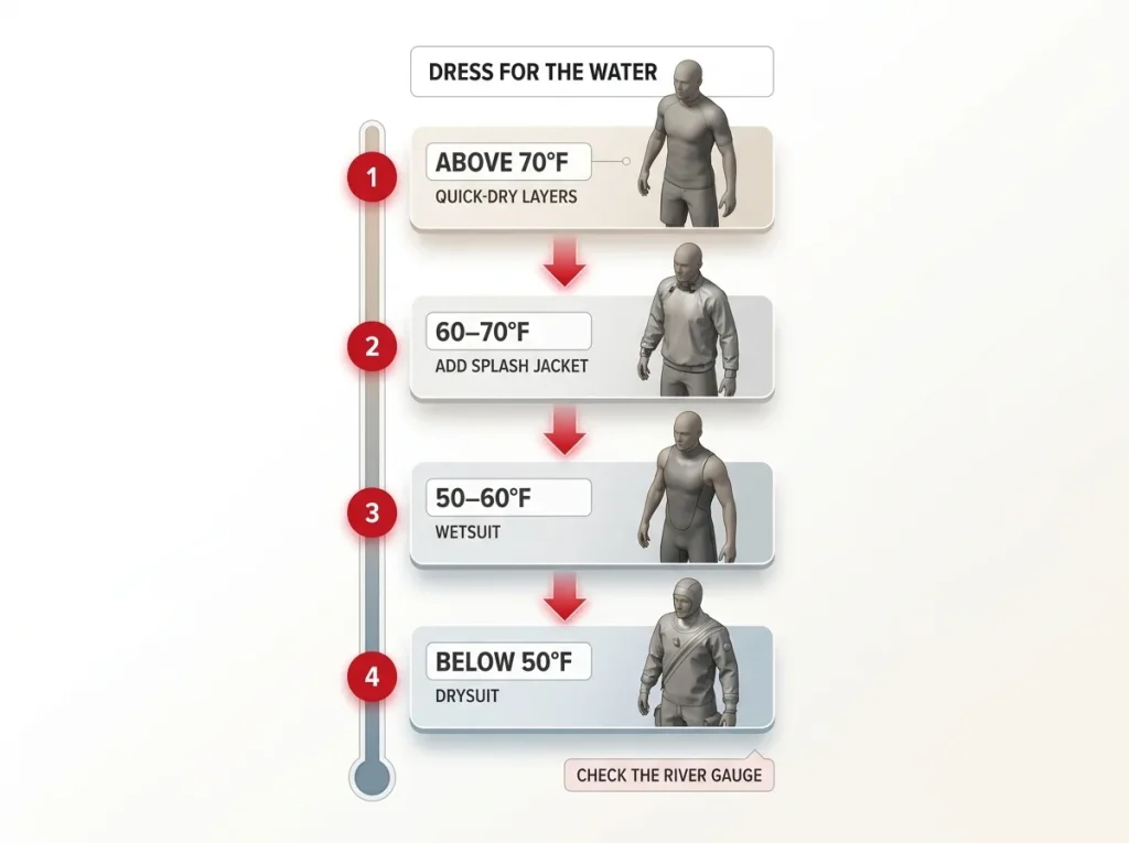 Rafting infographic showing water temperature bands mapped to clothing from quick-dry layers to drysuit with red flow arrows