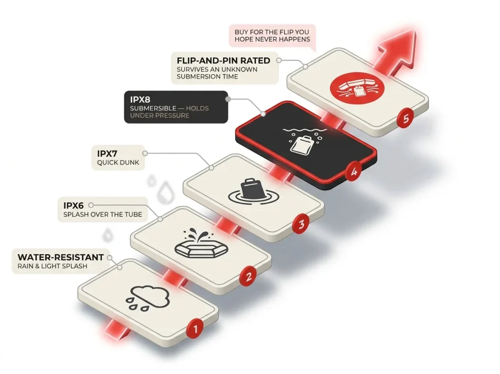 Infographic showing water-resistant to IPX8 submersible rating ladder with real-world whitewater scenarios for each level