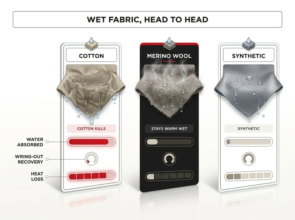 Rafting infographic comparing cotton, merino, and synthetic when wet with water absorbed, wring-out recovery, and heat loss