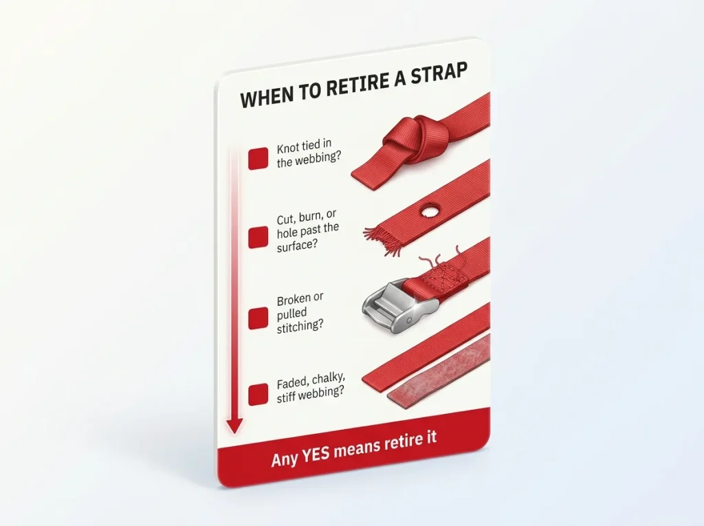Checklist card for retiring a raft cam strap: knot, cut or hole, broken stitching, faded webbing, ending in an any-yes-retire verdict