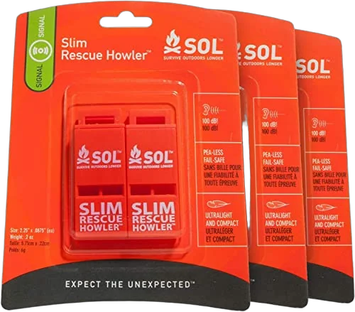 SOL Slim Rescue Howler low-profile pealess whistle for a PFD strap
