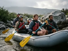 3 Paddle Shaft Materials Compared and Aluminum Wins Rafters gripping aluminum shaft paddles in a raft, the workhorse paddle shaft material for crews
