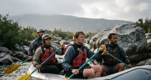3 Paddle Shaft Materials Compared and Aluminum Wins Rafters gripping aluminum shaft paddles in a raft, the workhorse paddle shaft material for crews