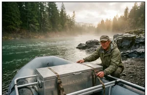Best Dry Boxes for Rafting You Can Actually Buy Aluminum dry box strapped to a raft frame on a gravel river bar at dawn
