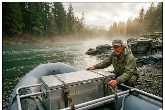 Best Dry Boxes for Rafting You Can Actually Buy Aluminum dry box strapped to a raft frame on a gravel river bar at dawn