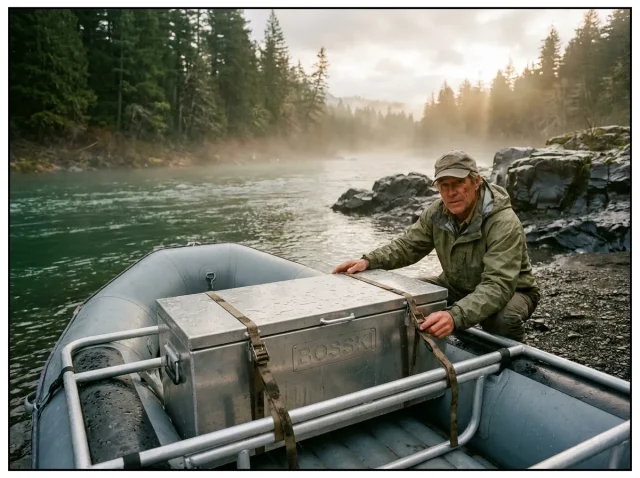 best-dry-boxes-for-rafting-frame-mounted Aluminum dry box strapped to a raft frame on a gravel river bar at dawn