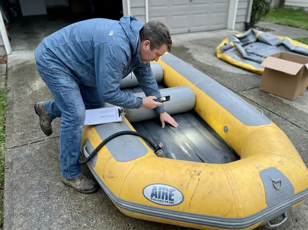 Inspecting an inflated used raft inch by inch before buying, the key to judging a used raft's lifespan