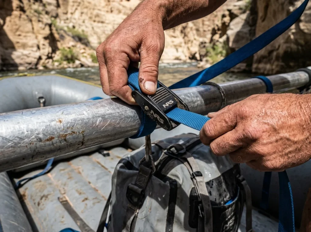 Close-up of hands cam-strapping a bag to a raft crossbar with the buckle oriented to tighten from inside