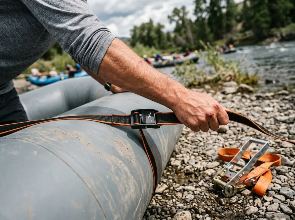 A hand-tightened JCHL cam strap on a raft tube beside a bulky ratchet strap left unused