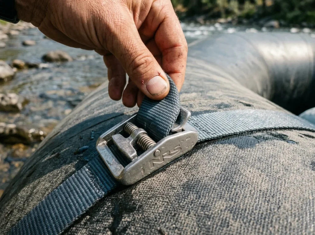Close-up of a wet NRS cam strap's polypropylene webbing and stainless cam buckle on a raft tube