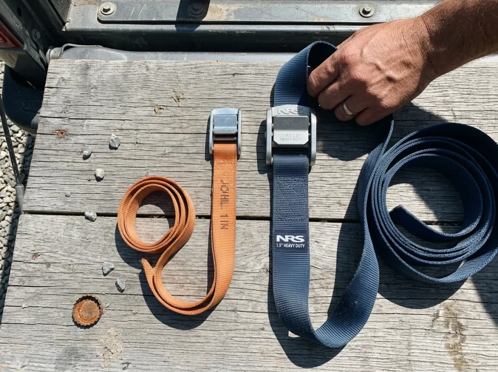 A 1-inch cam strap laid beside a wider 1.5-inch strap to compare width and length for raft rigging