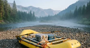 Cam Straps for Rafts and Why 4 Isn’t Enough Rigged raft frame held down with NRS cam straps for rafts at a misty river put-in