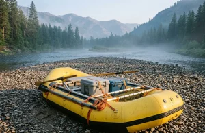 Cam Straps for Rafts and Why 4 Isn’t Enough Rigged raft frame held down with NRS cam straps for rafts at a misty river put-in