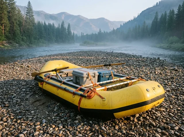 cam-straps-for-rafts-rigged-frame-hero Rigged raft frame held down with NRS cam straps for rafts at a misty river put-in