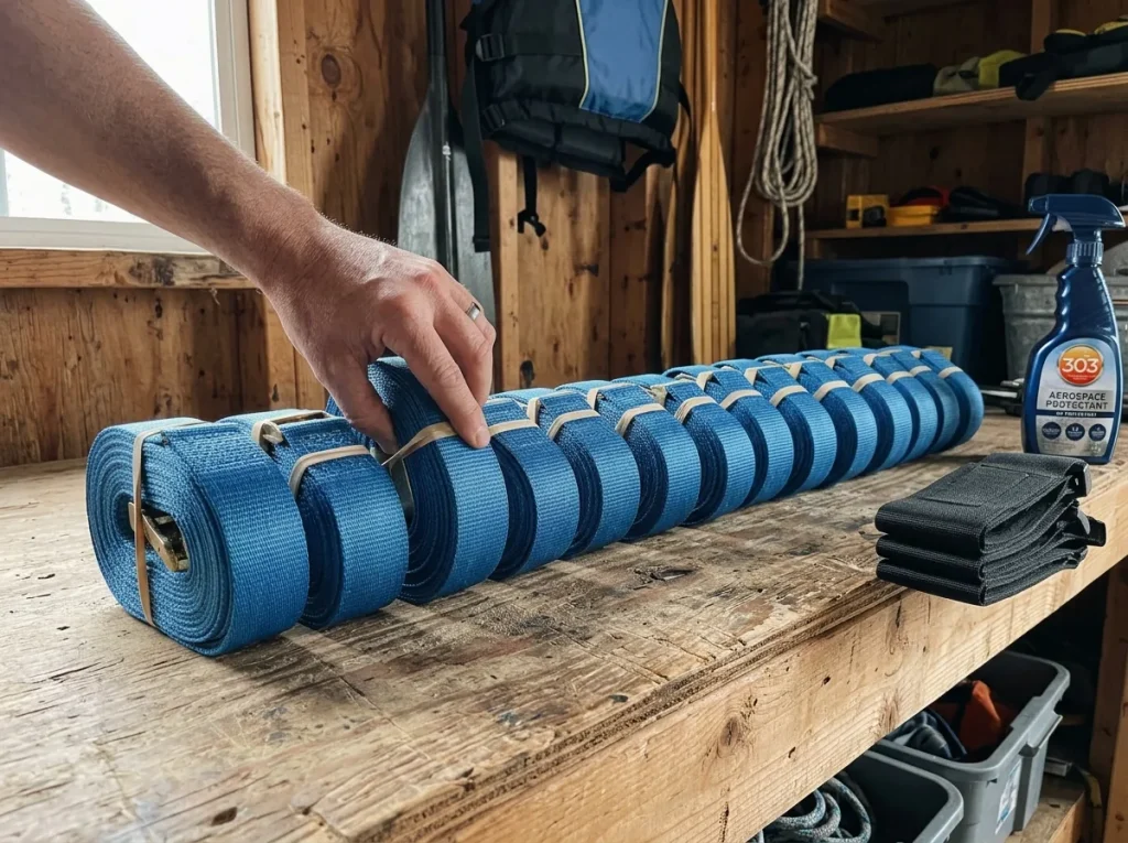 NRS cam straps rolled and stored dry on a shelf to prevent UV damage and mildew between raft trips