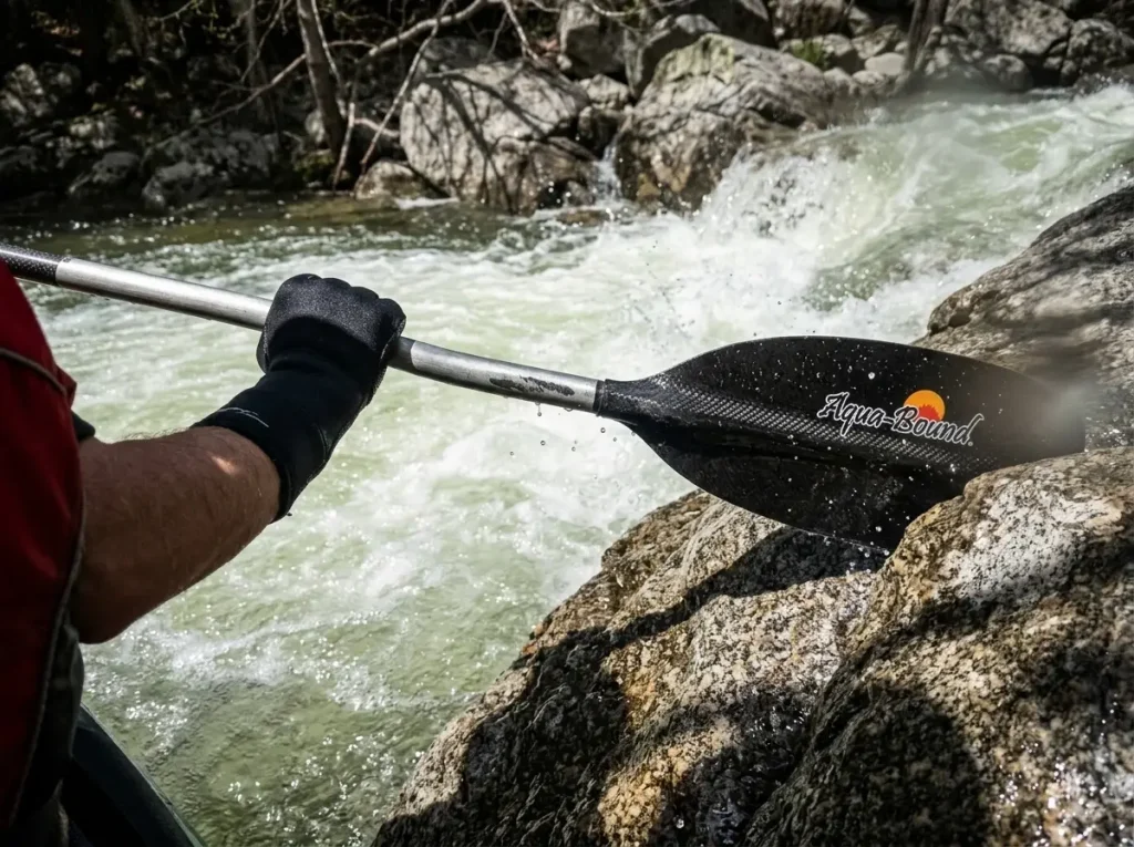 A carbon paddle shaft braced hard against a river boulder showing whitewater rock-strike stress