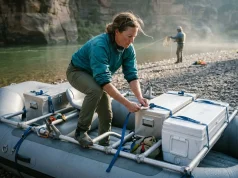 Cataract vs NRS vs DRE Frames One Makes Oars Boater rigging an NRS Bighorn II raft frame at a river put-in comparing raft frame brands