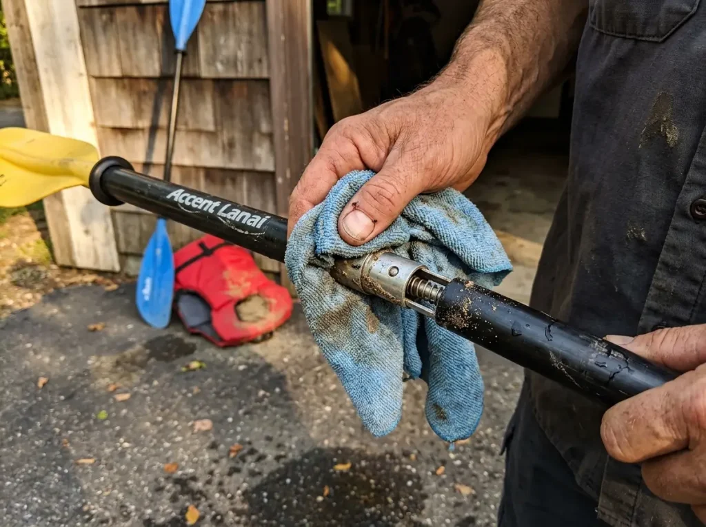 Hands wiping grit off the adjustable ferrule of a kids paddle before storing it after a river trip