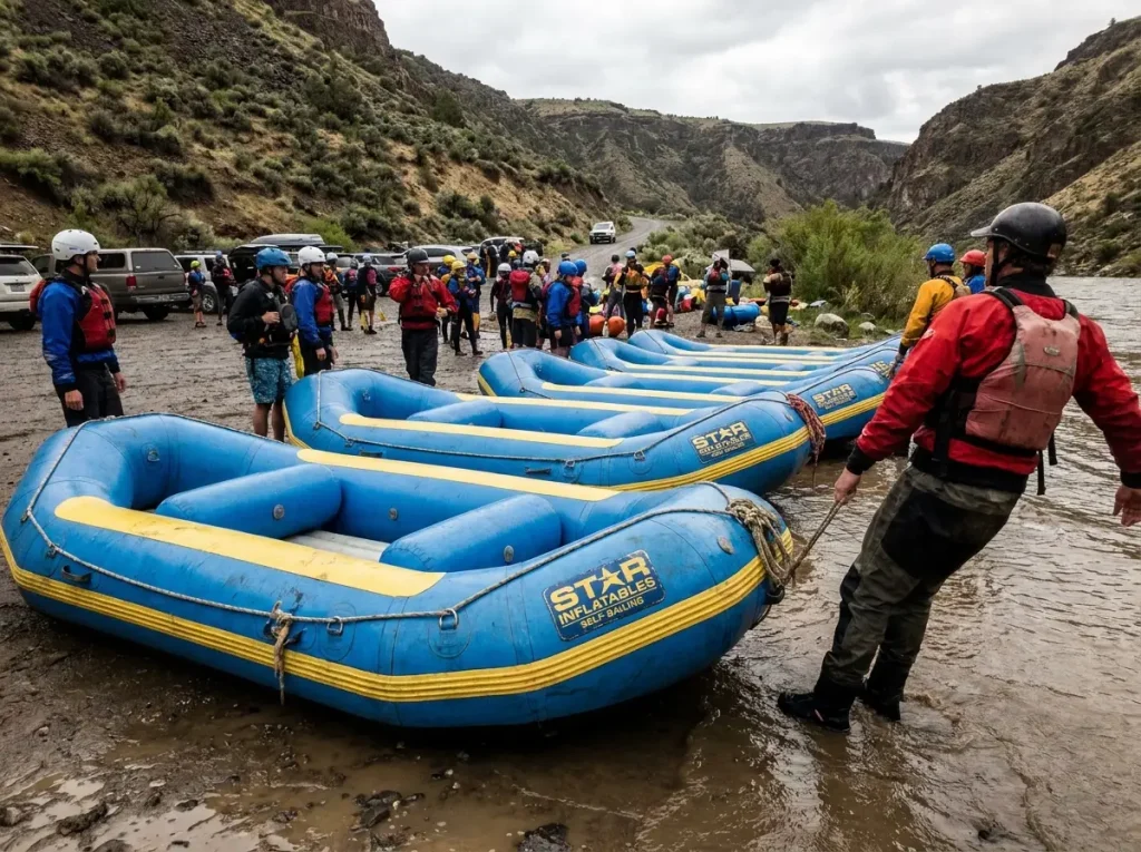 A commercial raft fleet rigged at the put-in, showing how hard use shortens a raft's lifespan