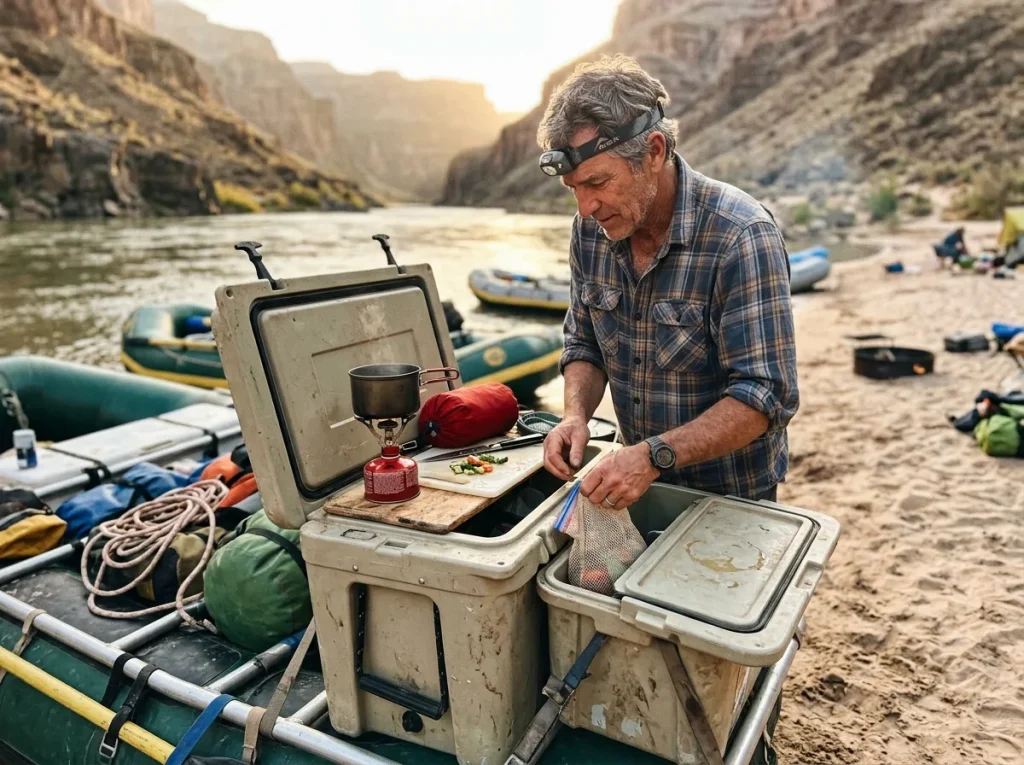 A hard cooler strapped to a raft frame doubling as a dry box at river camp