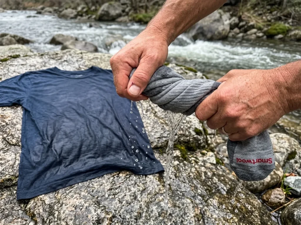Hands wringing river water out of a merino wool sock beside cotton clothing to show fabric choice