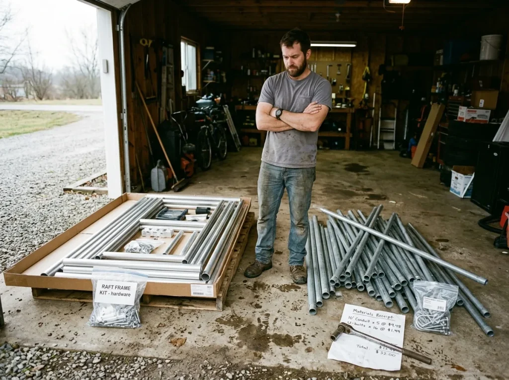 A bolt-together aluminum frame kit next to a pile of cheap DIY steel conduit