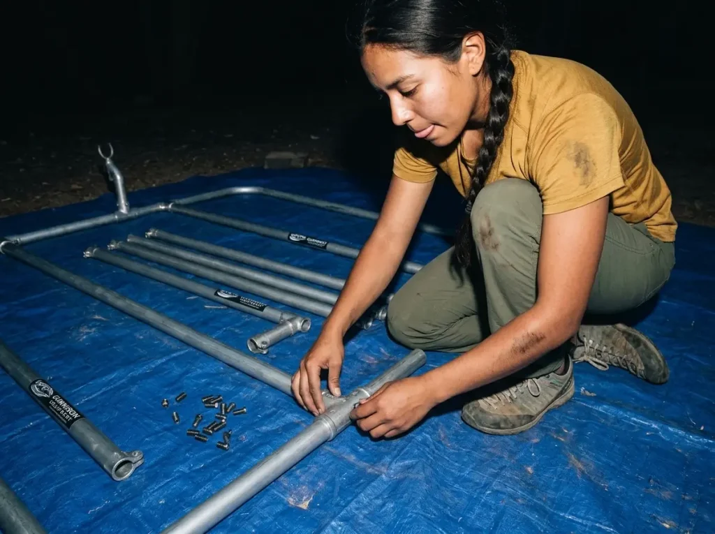 Boater assembling a modular DRE custom raft frame with parts laid out in shaded camp