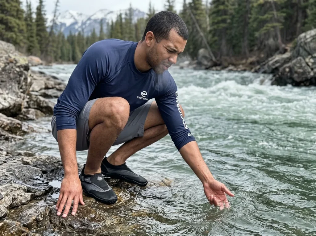 Rafter in a quick-dry UPF rash guard crouched to test cold snowmelt river water with a hand