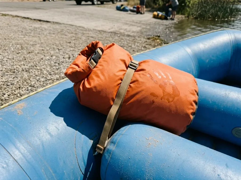 A roll-top dry bag cam-strapped straight to a raft thwart as a budget DIY thwart bag alternative