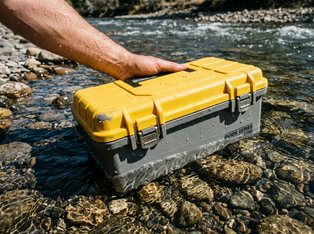 Water beading on a sealed Plano field box held half-submerged in river shallows