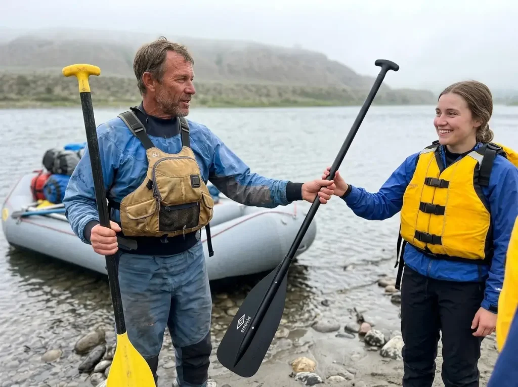 A river guide holding a fiberglass guide stick while handing a crew member an aluminum paddle