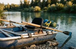 Oarlocks, Towers & Oar Rights That Actually Fit A rigged raft oar frame with bronze oarlocks and aluminum towers at a river put-in