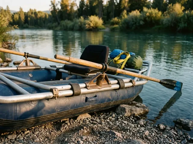 hero-rigged-oar-frame A rigged raft oar frame with bronze oarlocks and aluminum towers at a river put-in