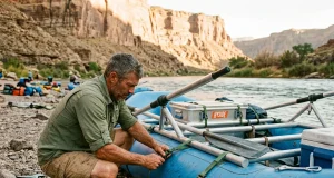 How to Build and Rig a Raft Frame That Won’t Rack Finished aluminum raft frame rigged on a self-bailing raft at a gravel-bar put-in