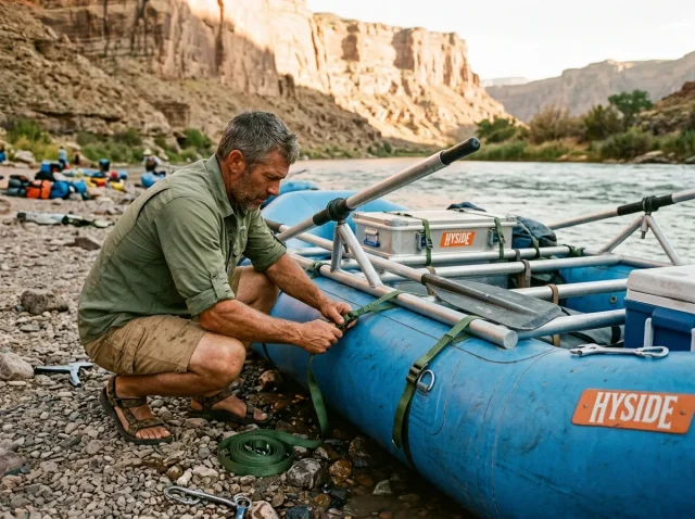 how-to-build-and-rig-a-raft-frame-hero Finished aluminum raft frame rigged on a self-bailing raft at a gravel-bar put-in