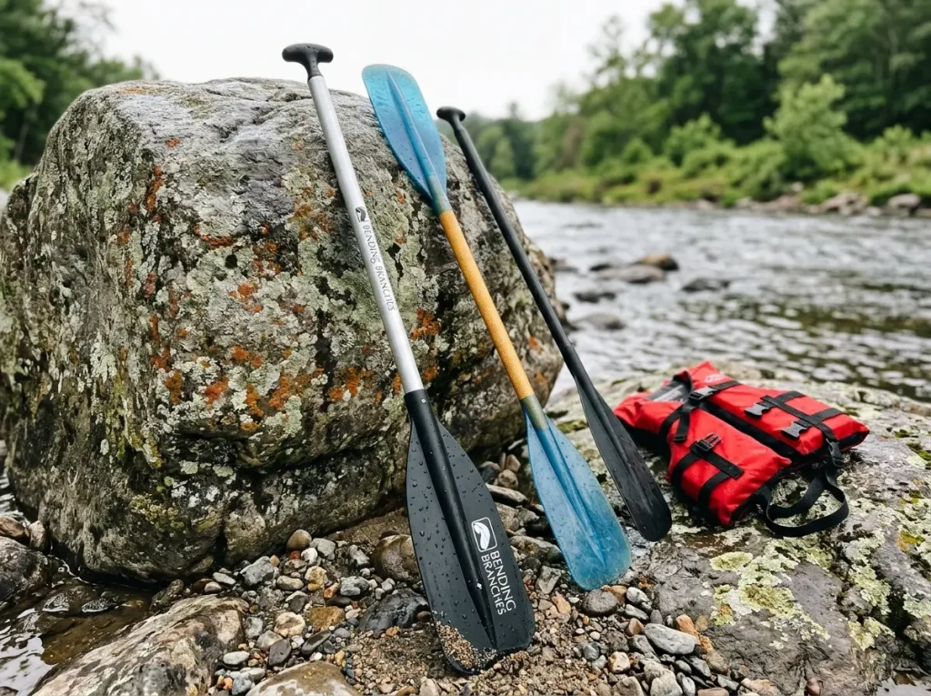 Three kids kayak paddles leaning on a rock showing aluminum, fiberglass and carbon material tiers