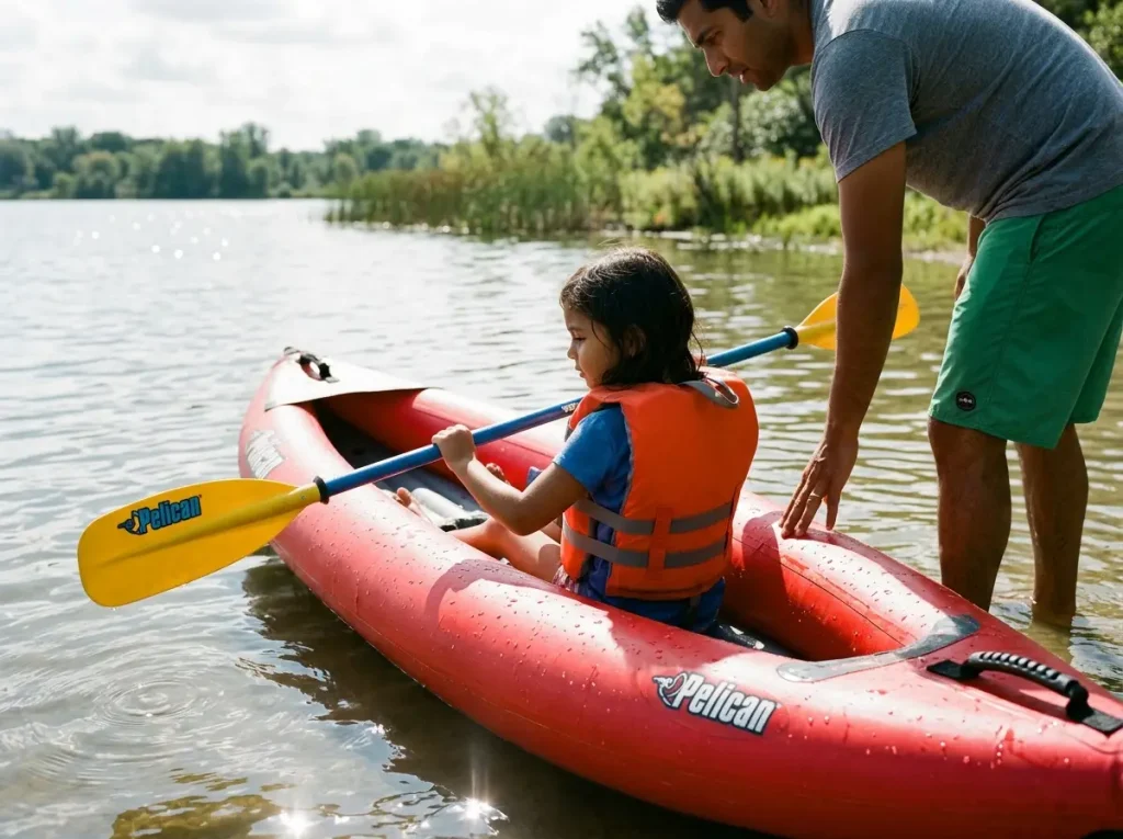 Child in a fitted PFD holding a kids paddle low and safely in a duckie while an adult supervises nearby
