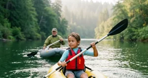 Kids Rafting Paddle vs Kayak Paddle What Yours Needs Young child paddling a kids rafting paddle in an inflatable kayak beside a family raft on a calm river