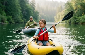Kids Rafting Paddle vs Kayak Paddle What Yours Needs Young child paddling a kids rafting paddle in an inflatable kayak beside a family raft on a calm river