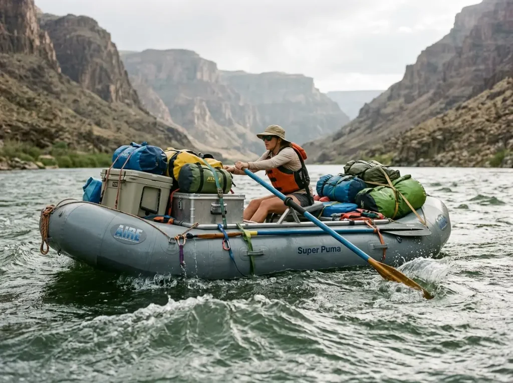 Fully loaded AIRE multi-day raft riding low in the water on a big-volume river