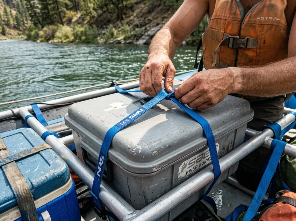 A blue NRS loop-end cam strap cinching a dry box lid on a raft frame, ready to reopen mid-trip