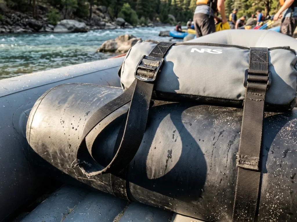 A loose cam-strap tail hanging in a limb-sized loop off a raft thwart bag, an entrapment hazard
